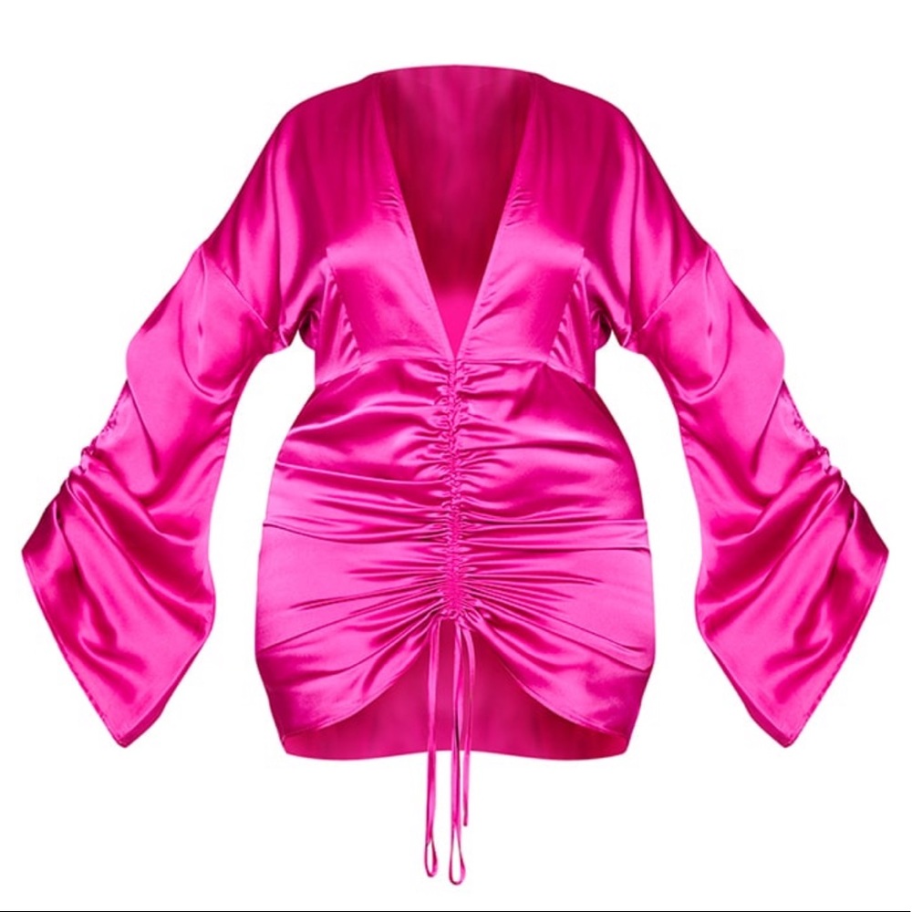 NWT | PRETTYLITTLETHING | Fuchsia Pink Satin Plunge Dress